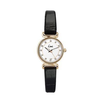 Ladies gold plated black strap watch 6948.02